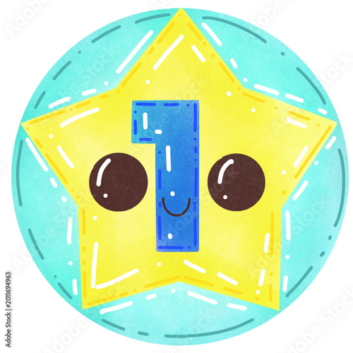 Cute star character with the number one and a happy face, watercolor illustration for first place achievement