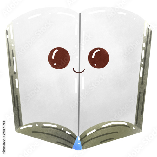 Cute open book character with a smiling face, watercolor illustration