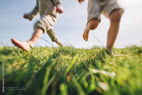 Active children running and playing together on green grass field in sunny summer day, close up low angle shot, joyful childhood concept, carefree kids having fun outdoors in nature, motion blur legs