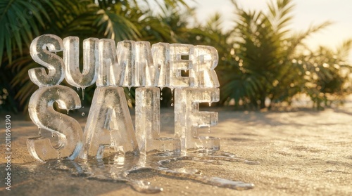 Summer Sale text made of melting ice sits on a sandy beach with palm trees ice text