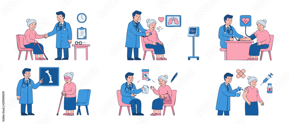 Fototapeta premium Doctor Examining Senior Patient Set, Professional Medical Consultation and Checkup Scenes with Elderly Woman, Health Care Services and Physical Examination Vector Illustration Concept for Clinic Desig