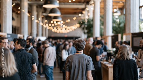 Crowded startup demo day event in an urban conference hall, minority founders manning product booths, investors moving between displays, tension and excitement layered across