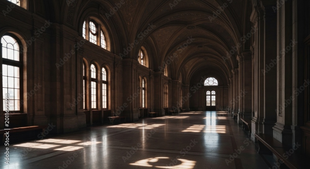 Obraz premium Empty, sunlit, arched hallway of a grand building