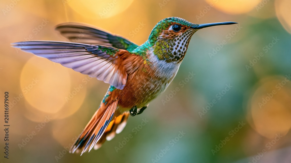 Fototapeta premium Single hummingbird hovering in flight with soft bokeh background.