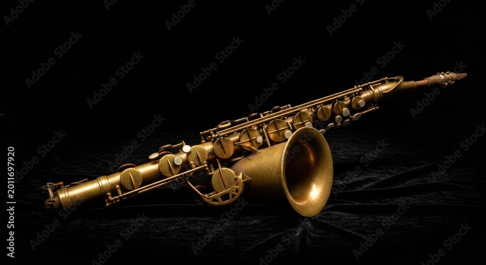 Fototapeta premium Gold-toned saxophone on black velvet