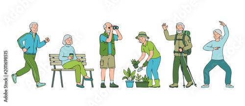 Fotografi Senior people active lifestyle set, happy elderly characters running, gardening, hiking, sitting on bench and exercising
