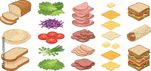 Schilderij op canvas Deconstructed Sandwich and Wrap Ingredient Set with Fresh Bread, Tortillas, Ham,