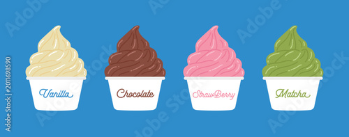 Set of soft serve ice cream cups in vanilla, chocolate, strawberry, and matcha flavors on a blue background. Cute vector illustration of frozen yogurt or gelato for summer dessert menus.