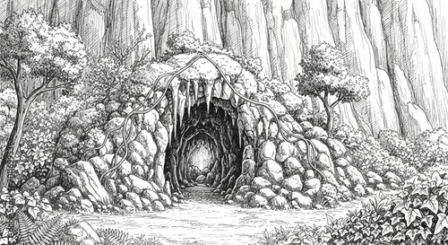 Quadro su tela Mysterious cave entrance in a foreboding forest with icicles.