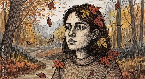 Canvastavla Woman with autumn leaves falling in a forest