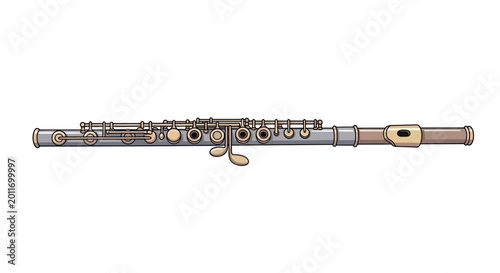 Foto Illustration of a silver transverse flute with musical notes isolated on white
