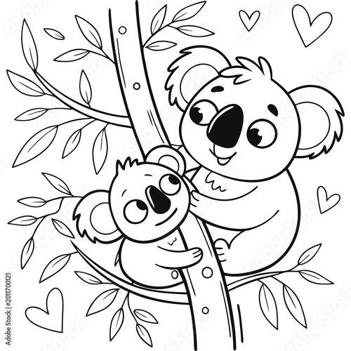 Tableau sur toile Cartoon Koala Mother and Baby Sitting on Tree Branch – Cute Wild Animal Outline