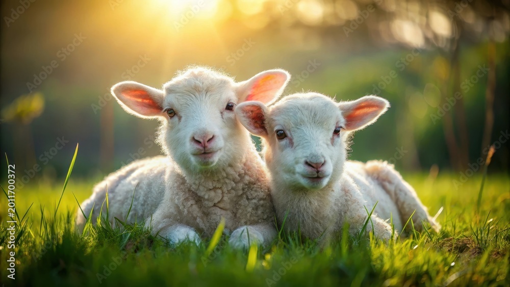 Fototapeta premium A photo of two fluffy white lambs cuddling together on a lush green meadow