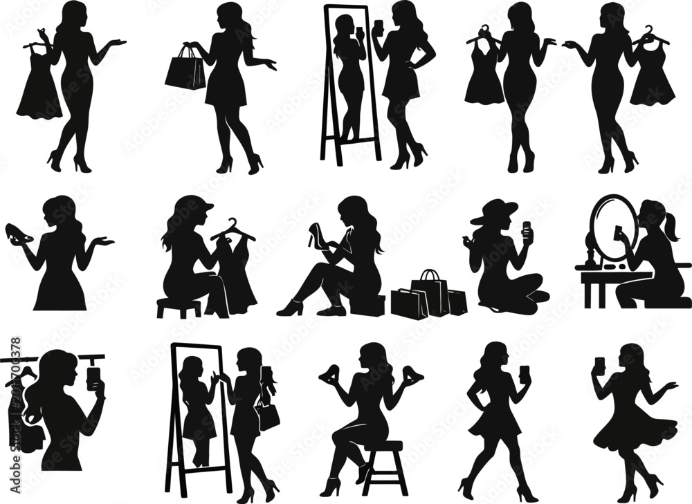 Fototapeta premium Illustration of women engaging in daily activities with fashion and beauty routines