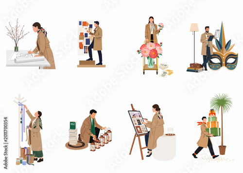 Schilderij op canvas Collection of flat vector illustrations featuring creative professionals and event planners working on diverse organizational and design tasks for special occasions