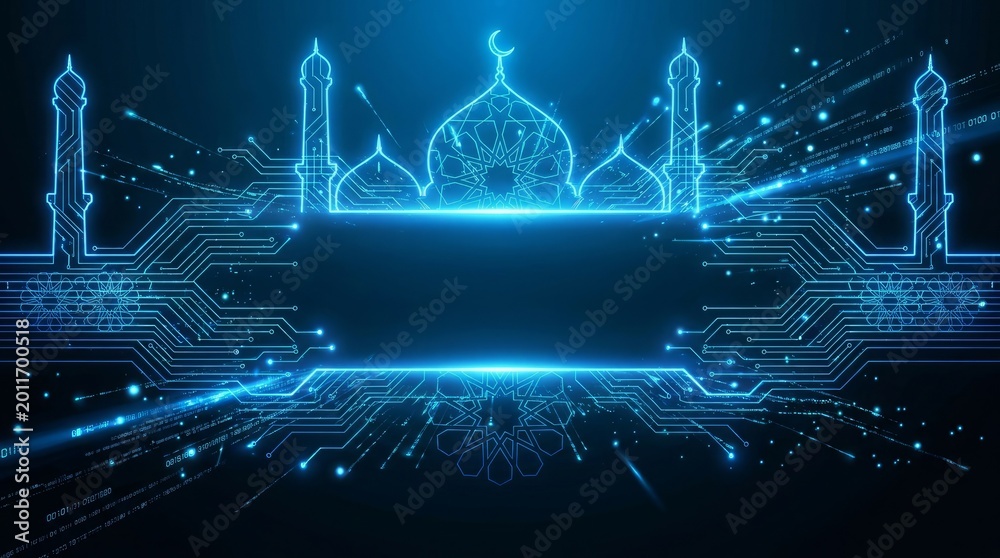 Fototapeta premium Digital mosque silhouette with glowing circuitry lines and futuristic blue neon light patterns for ramadan