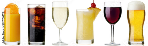 Six different beverages in glasses isolated on transparent background
