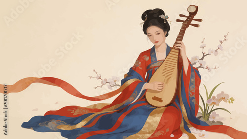 Bild auf Leinwand Woman in traditional dress playing lute