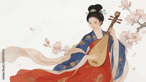 Tableau sur toile Woman in traditional dress playing string instrument