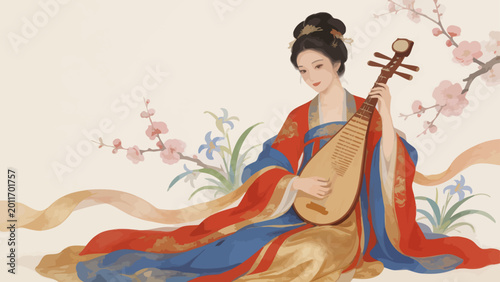 Tableau sur toile Woman in traditional dress playing string instrument