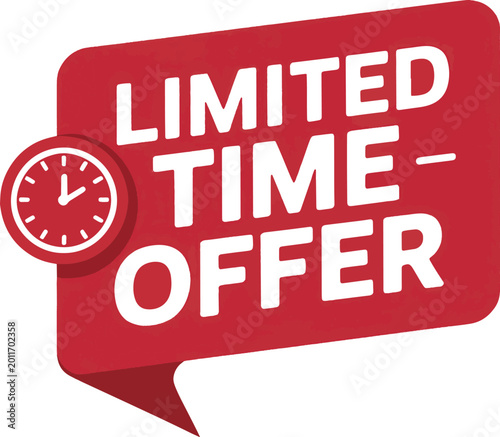 Badge design displaying the words limited time offer written in bold white typography on a vibrant red background with a circular clock icon positioned to the left side for effective marketing impact.