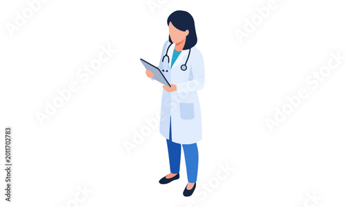 Female doctor holding clipboard isometric vector illustration