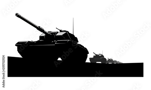 Military tank formation silhouette in black and white