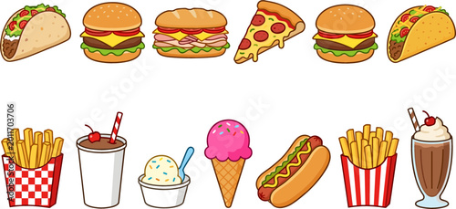 Bild auf Leinwand Colorful vector illustration set of fast food icons featuring burgers, tacos, pizza, hot dogs, fries, ice cream and milkshakes isolated on white background