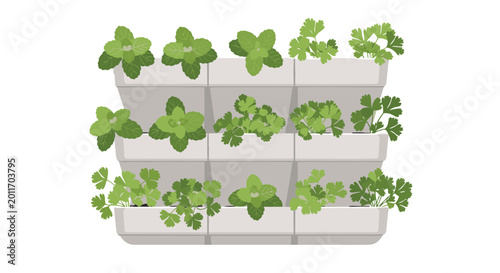 A lush vertical garden wall is composed of nine white plastic planters neatly arranged and filled with various fresh green herbs like mint and parsley.
