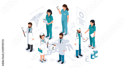 Medical Staff Characters with Health Care Icons Isometric Vector