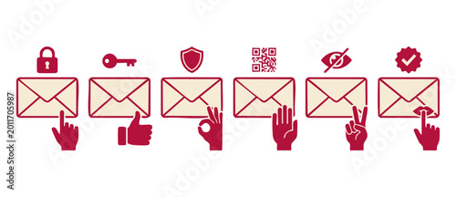 Email Security Icons and User Interaction Set for Cyber Safety and Digital Data Protection, featuring Encryption, Verification, Privacy, and Confidential Communication Concepts on White Background