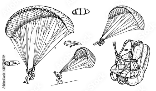 Foto Detailed paraglider parachute structure sketch set technical air sport flight ve