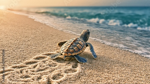 Newborn baby sea turtle crawling across warm sandy beach towards gentle ocean waves at sunrise showing natural wildlife journey to the open sea