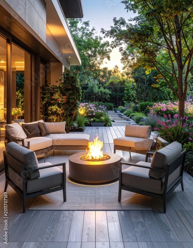 Modern outdoor patio lounge with comfortable grey sofa and chairs surrounding a glowing fire pit, lush garden landscape during sunset golden hour