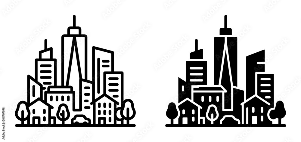 Obraz premium 2 Cityscape silhouette icons skyscrapers houses trees, solid black style, urban architecture set