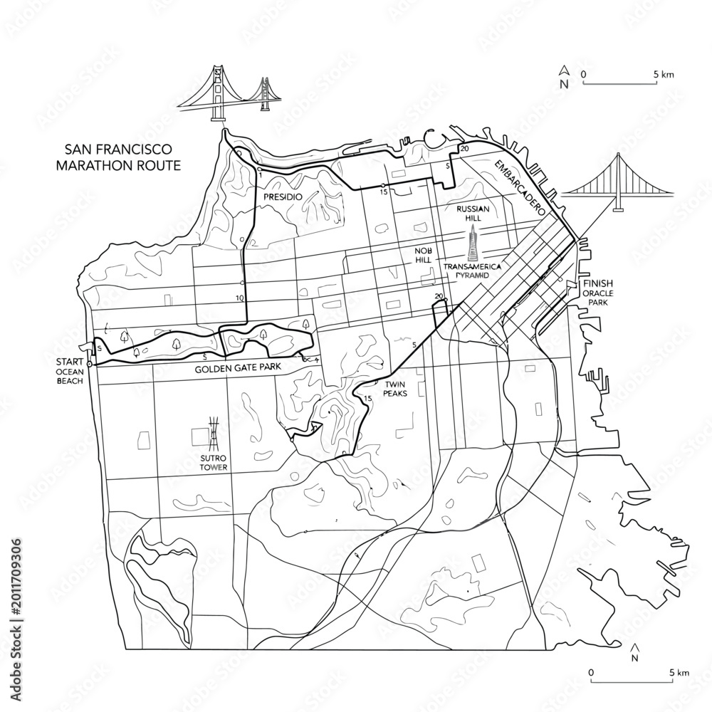 Fototapeta premium San francisco marathon route map vector drawing featuring golden gate park and oracle park.
