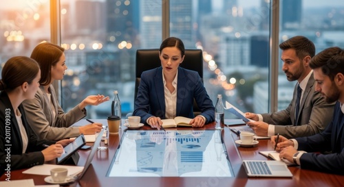 executive team in a meeting discussion with a city view high quality