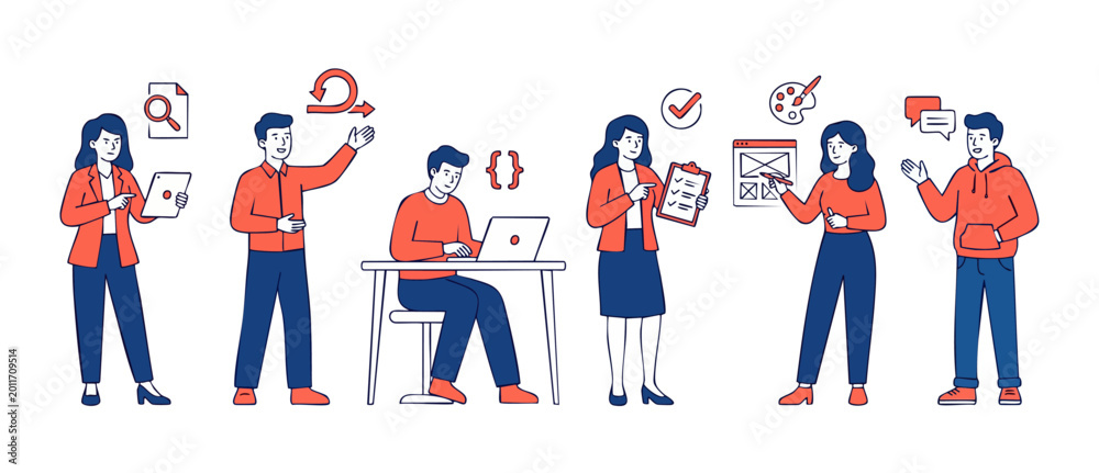 Fototapeta premium Software Development Team Workflow Illustration, Agile Project Management Icons, Business People Working in IT Office, Collaboration Concept, Digital Product Design, Coding Coding and UI UX Strategy