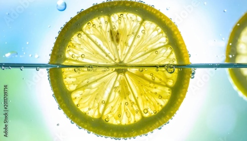 Fresh yellow lemon slice submerged in sparkling mineral water with rising carbonated bubbles creating a refreshing citrus drink effect