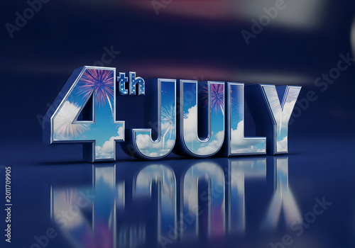 4th of july text with reflection on dark blue background