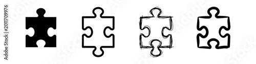 Set of Jigsaw Puzzle Piece Icons in Four Styles: Solid Silhouette, Thin Outline, Sketchy Scribble, and Hand Drawn Thick Stroke, Isolated on White Background.