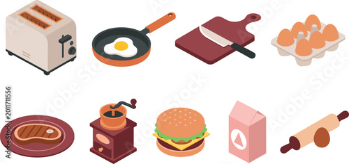 Isometric Kitchen Utensils and Food Icon Set Featuring Toaster Frying Pan Eggs Burger Coffee Grinder and Cooking Tools for Culinary Apps Restaurant Menus and Kitchenware Design