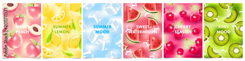 Fotografija Mesh gradient fruit card collection with glossy fruits, soft blurred backgrounds and vibrant seasonal posters, ideal for juice labels, food packaging, menus, ads and summer market promotions