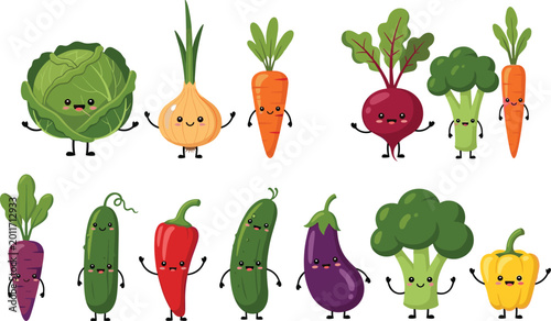 Charming Cartoon Vegetables with Faces Vector Set Featuring Fun and Playful Fresh Veggies for Whimsical Food Illustrations