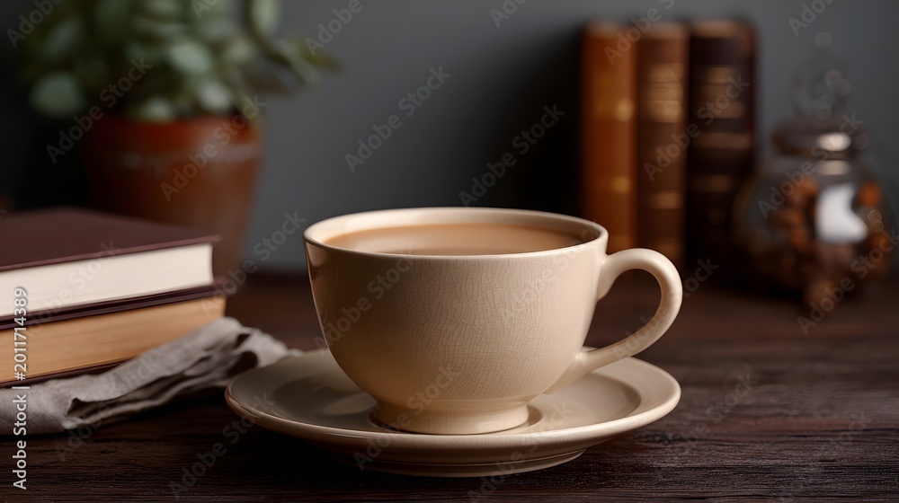 Fototapeta premium A cozy still life featuring a cup of warm beverage surrounded by stacked books and natural elements on a wooden surface