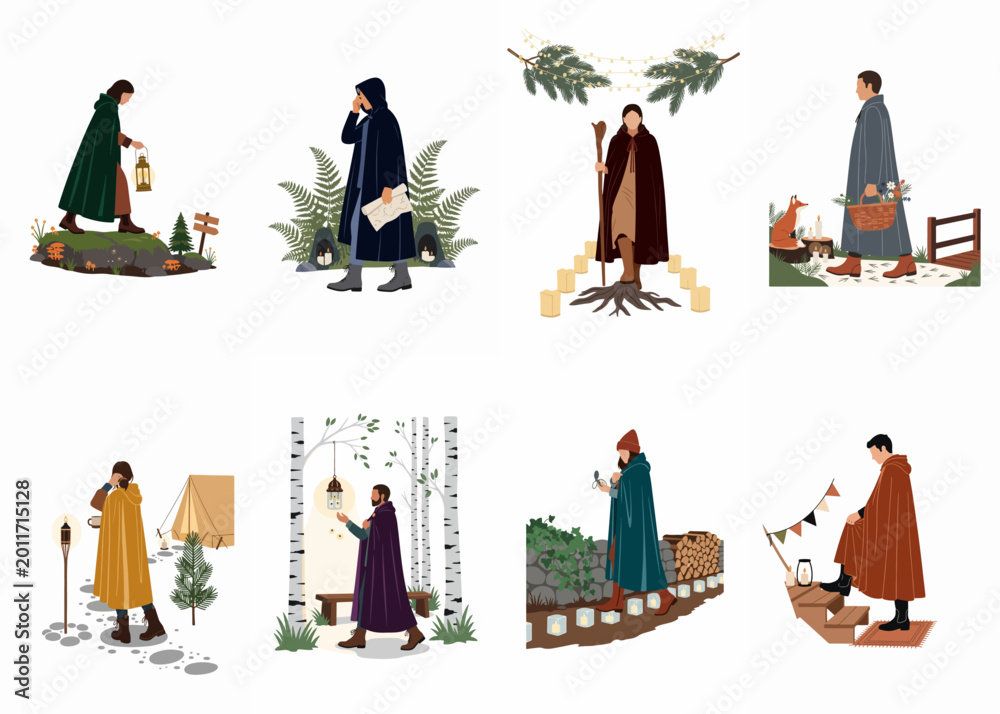 Naklejka premium Collection of flat vector illustrations featuring travelers in hooded cloaks exploring mystical forests and snowy landscapes in a fantasy adventure theme.