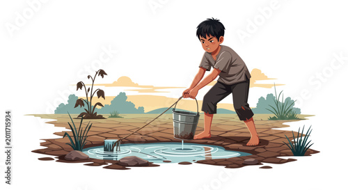 Tableau sur toile Boy Watering Plants with Bucket Outdoors.