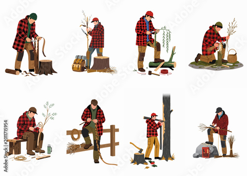 Canvastavla Set of eight illustrations showing a man in a red plaid jacket performing various bushcraft and woodcraft activities in the outdoors