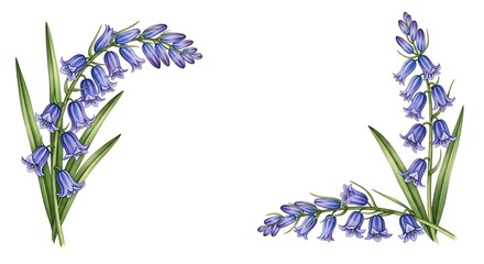 Purple bluebell flower corner border illustration on white background