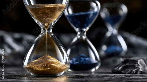 Hourglass sand time countdown glass gold blue focus still life reflection Elegant glass hourglass with golden sand and blue sand background symbolizing passing time and patience dark textured